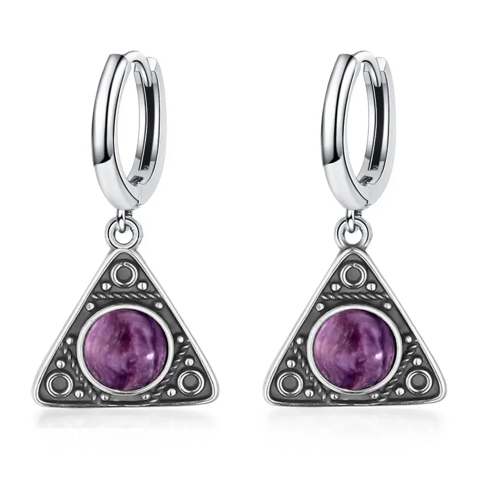 

Silver Triangle White Stone Hoop Earrings Vintage Beaded Boho Drop Earrings for Women Nice Charoite Pendant Jewelry Party Gifts