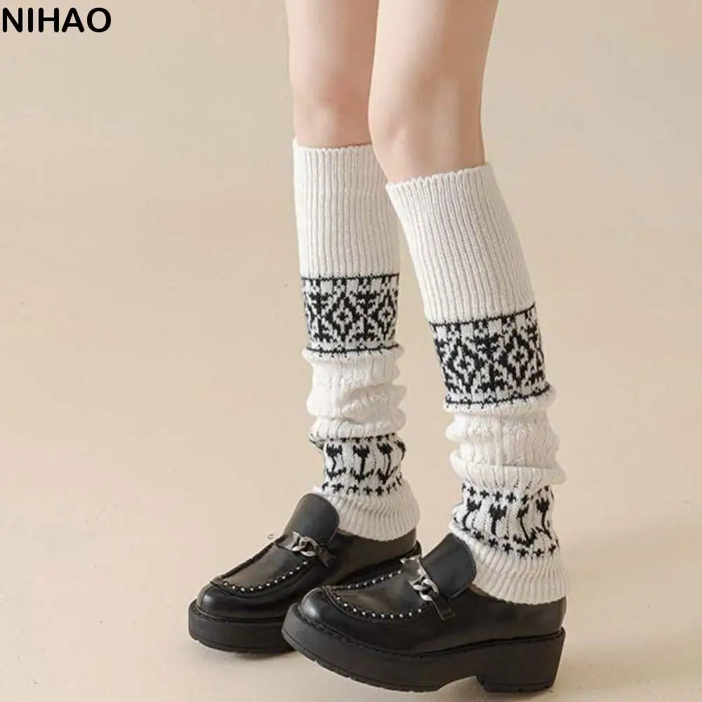 Fashion Patchwork Maillard Leg Warmer Lolita Thicken Retro Lattice Stockings Warm Pile Up Hosiery Leg Socks Women