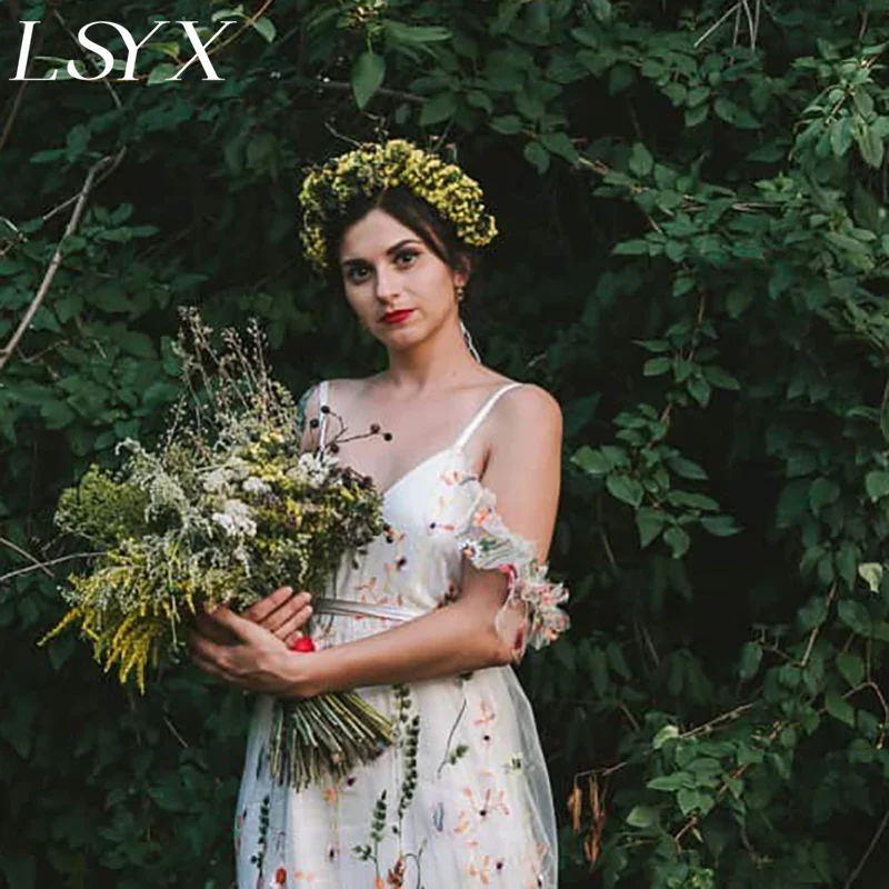 Lsyx Spaghettibandjes Geborduurde Kanten Tuin Trouwjurk V-Hals Bloemen Off Shoulder Rugloze Boho Bruidsjurk