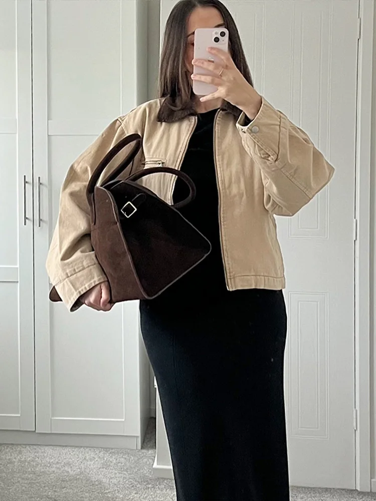 

Woman's Patchwork Turn-Down Collar Coats Zipper Long Sleeve Jacket Pockets High Street Style Straight Tops Autumn Casual Clothes