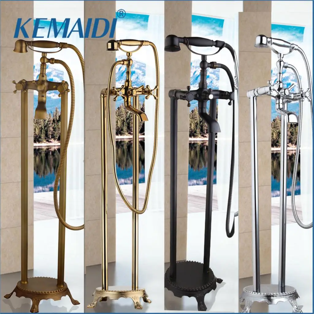 KEMAIDI Freestanding Shower Faucet Bathtub Floor Mounted Tub Filler Shower Systerm  2 Cross Knobs Telephone Bathroom Mixer Tap