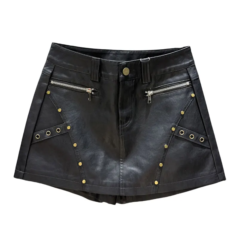 

Юбка из искусственной кожи с боковой молнией и бисером для женщин, осенне-зимняя новая утягивающая широкая юбка-шорты трапециевидной формы из двух частей