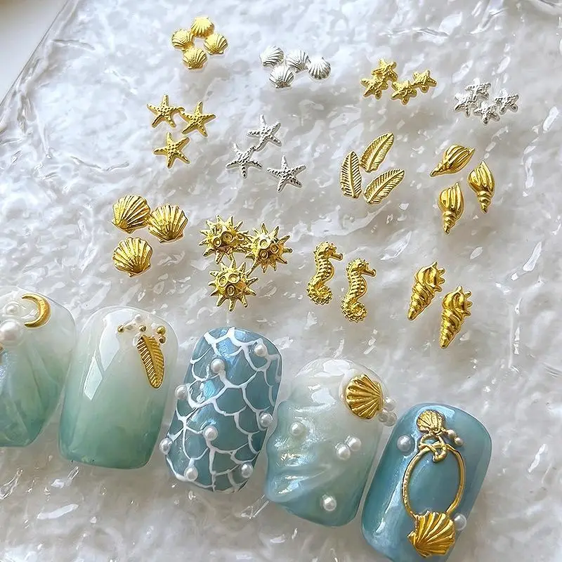 Mini 3D Nail Art Charms Pure Gold Seahorse Shell 500pcs Copper Slices for DIY Nail Decoration Craft Gifts