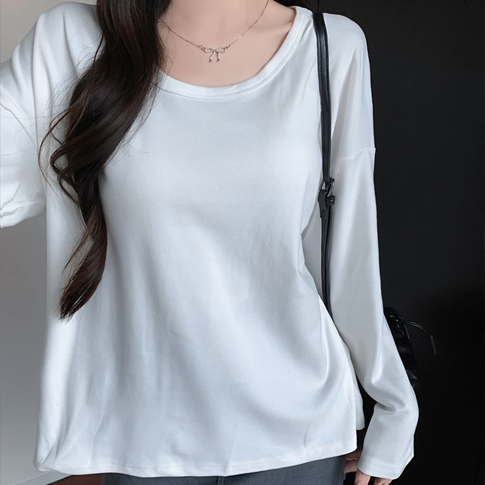 

Женская футболка с длинным рукавом, базовый слой, с U-образным вырезом, средней длины, для ношения как нижняя одежда, подходит для сезонного использования и многослойного стиля.