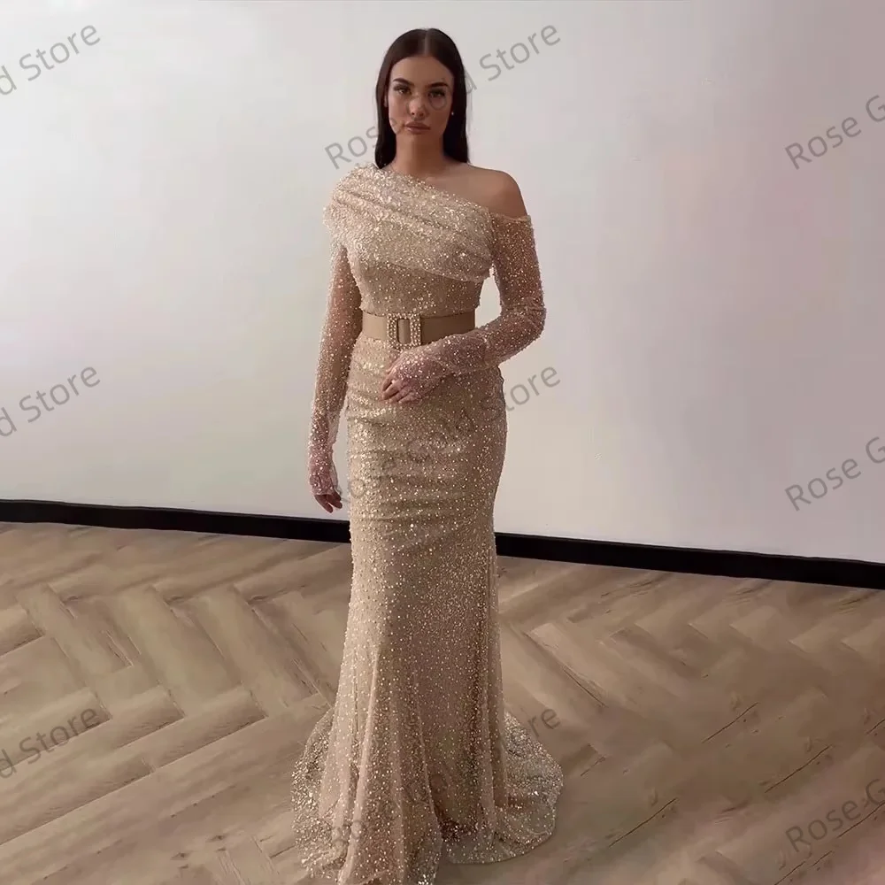 Vestidos de graduación con purpurina color champán, sirena con lentejuelas, manga larga, vestido de noche de fiesta, vestidos largos brillantes personalizados de fiesta 2024