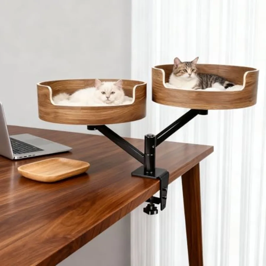 

Cat Desk Bed with 2 Pet Mats 360 Rotating Walnut Wood Finish Adjustable Cat Bed Desk for Indoor Office and Gaming Tables Space-