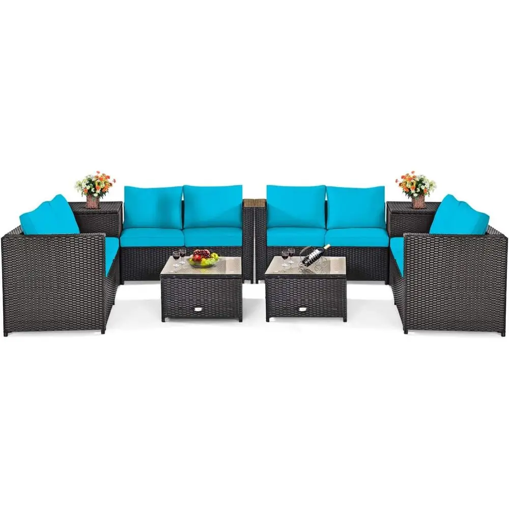 

8-Piece Wicker Patio Furniture Set with Storage, Weather-Resistant Outdoor Seating, Includes Loveseat, Glass Coffee Table, and S