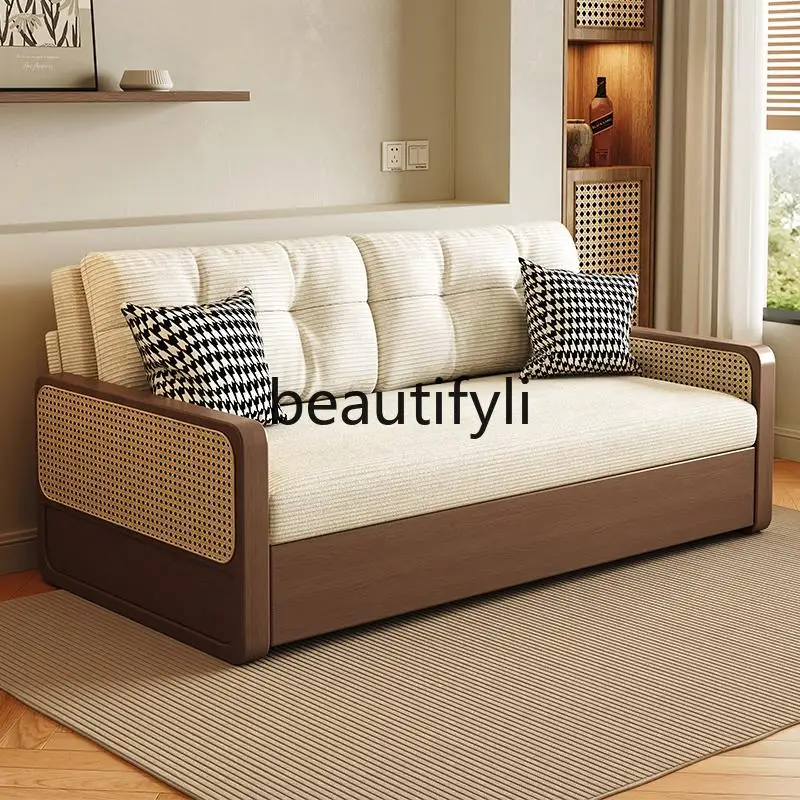 Solid wood sofa multi-functional folding storage push-pull bed