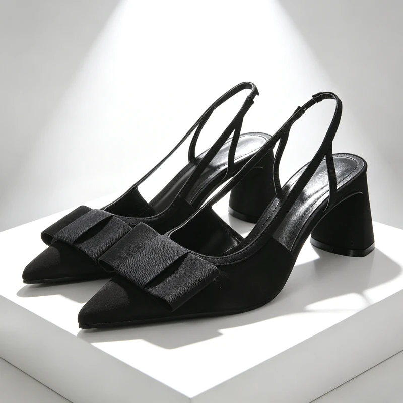 2026 Patent Leather Pointed Toe Heeled Sandals Women Elegant Bow Decoration Chunky Heel Pumps Luxury Designer Heels for Ladies image 2