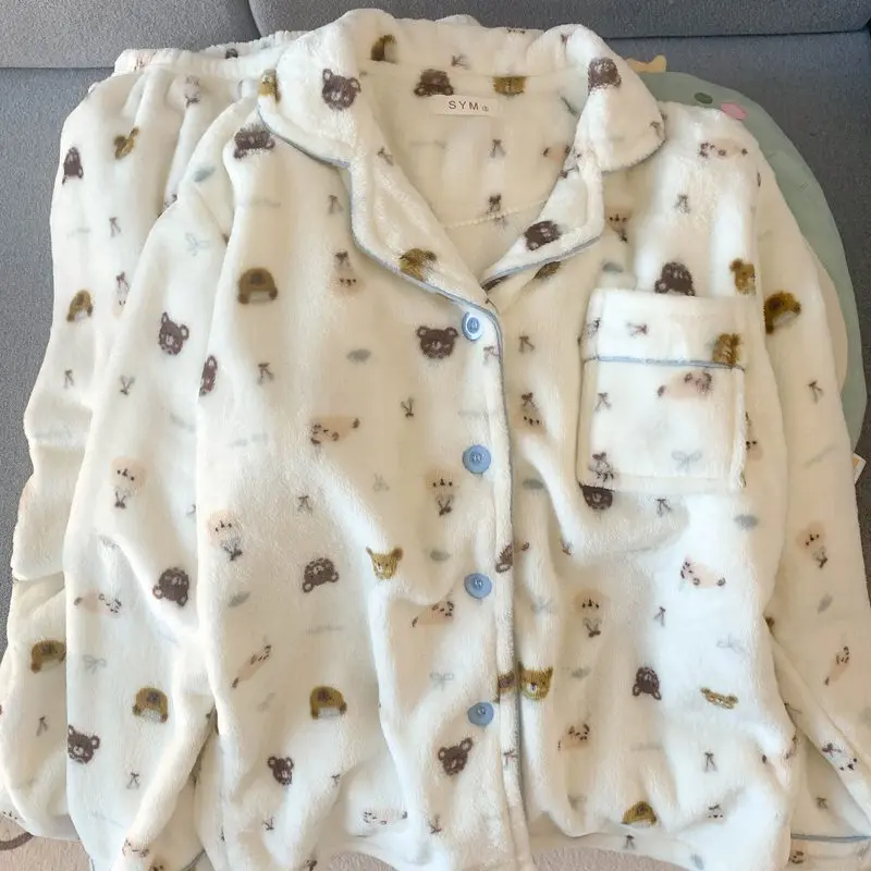 

Осень-зима, домашняя одежда с героями мультфильмов, одежда для сна, кавайный пижамный комплект, коралловый флис, сохраняющий тепло, можно носить в качестве верхней одежды, фланелевый женский пижамный комплект