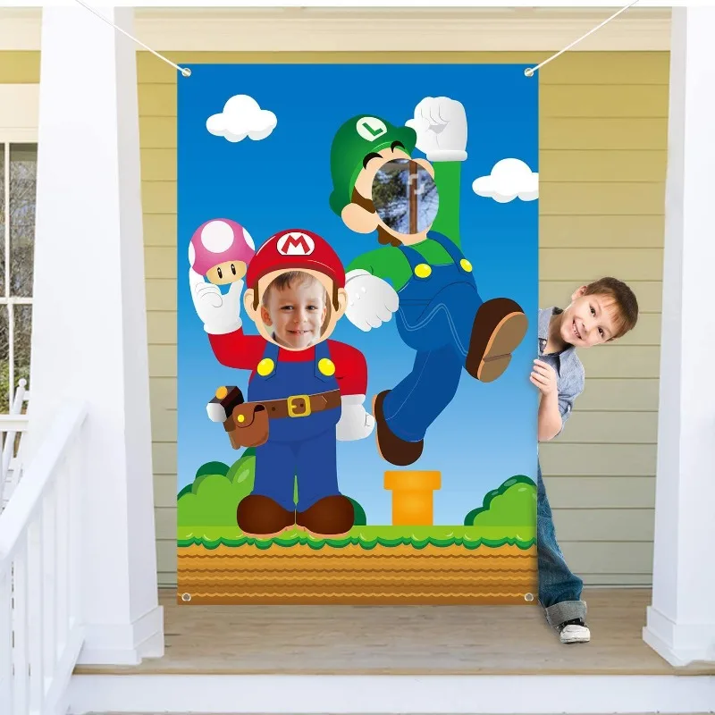 Super Marios Bros พื้นหลังอะนิเมะ Luigi ภาพประตูแบนเนอร์ผ้า Face การถ่ายภาพฉากหลัง Party Supplies ของเล่นเด็ก
