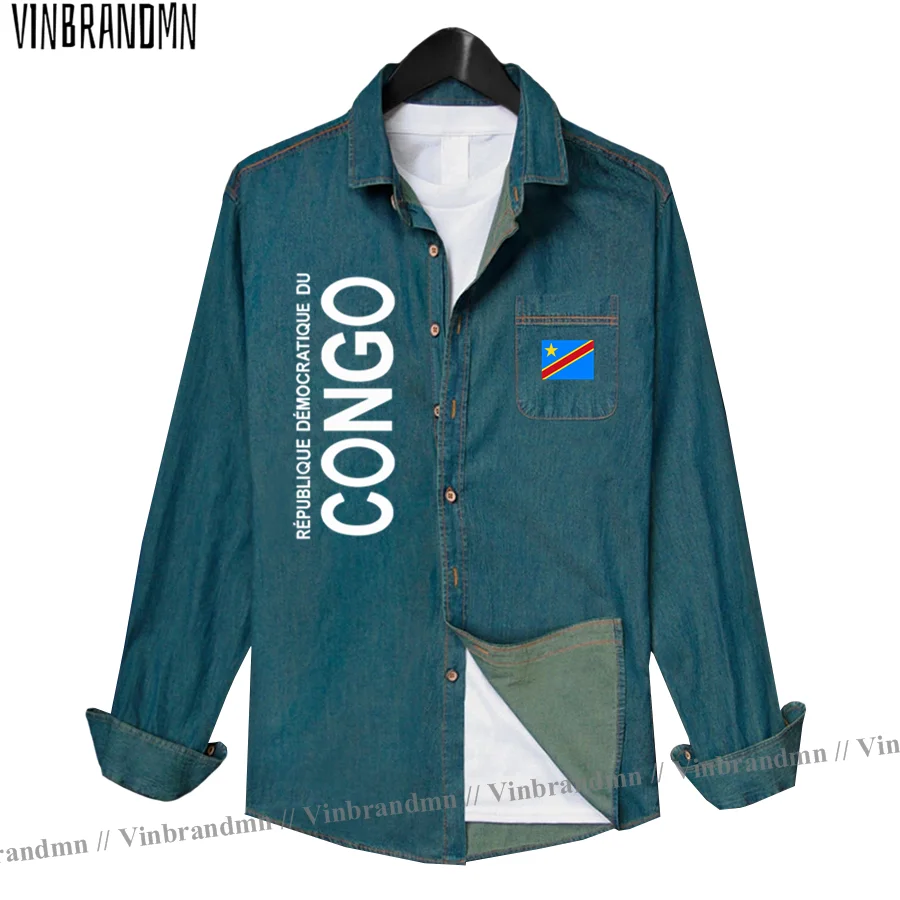 DR Congo COD DRC DROC Congo-Kinsha Congolese Men Clothes Autumn Cotton Flag Top Turn-down Jeans Shirt Long Sleeve Cowboy Coat