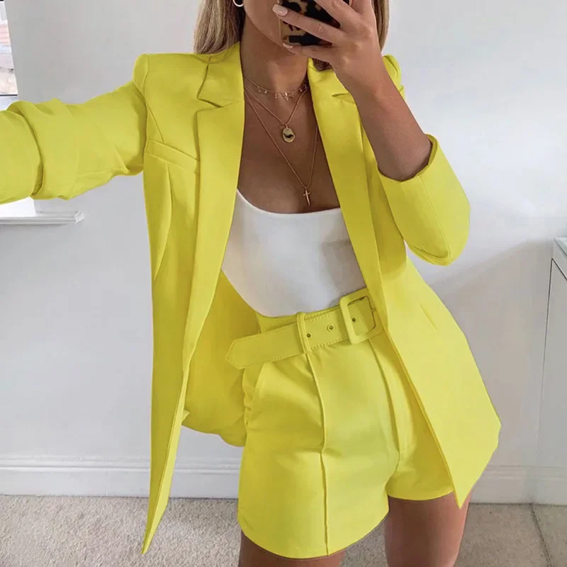 Solid Color Sexy Temperament Two Piece Set, Lapel Suit Cardigan Coat+high-waisted Shorts with Belt for Women\'s Spring and Autumn