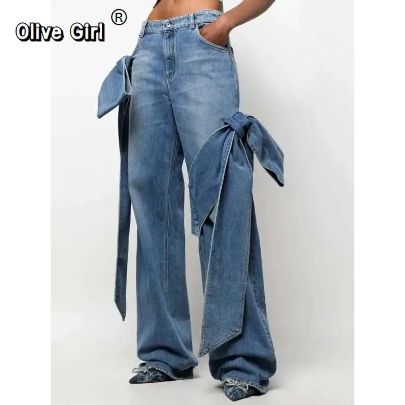 Olivegirl lente denim broek hoge taille riemen volledige lengte blauwe jeans tij high street style damesbroek zomerkleding