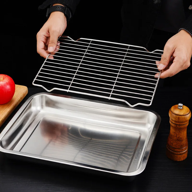 Rectangle Stainless Steel Bakeware BBQ Grid Food Storage Tray Bread Baking Pan Cooling Rack Fruit Pastry Plates Kitchen Utensils