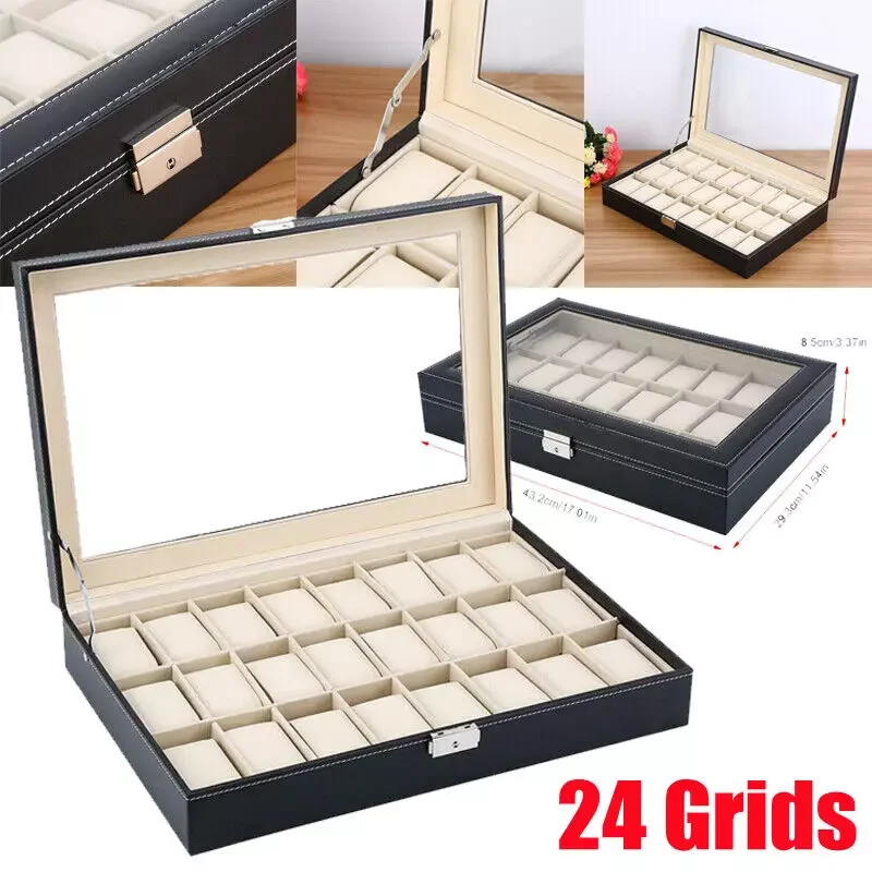 24 Grids Watch Box PU Leather Display Glass Collection Storage Holder Box Gift Suitcase Display Tray Watches Holder With Pillows