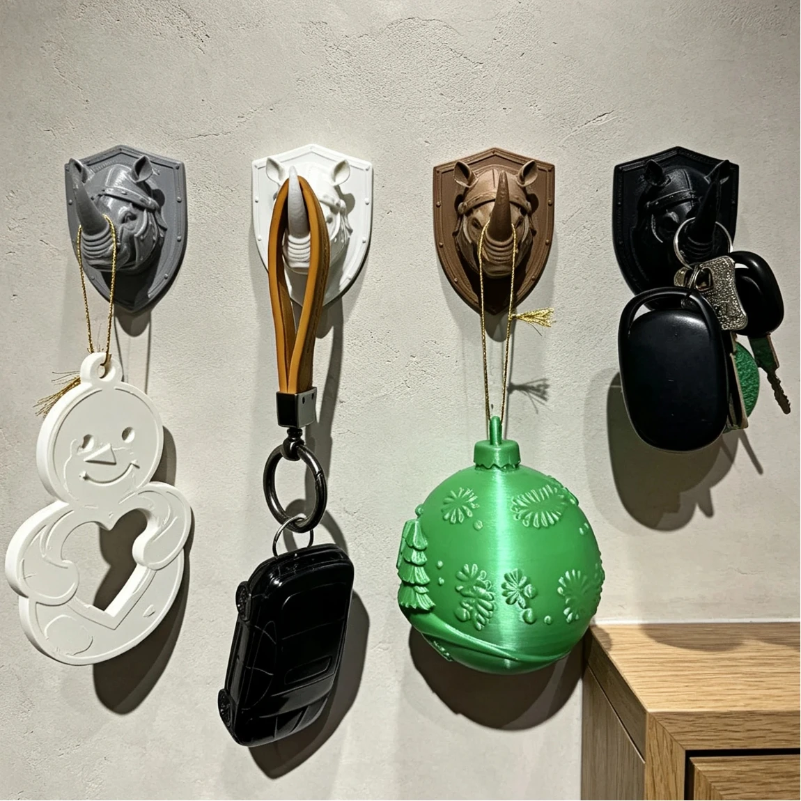 2pcs Medieval Armor Rhino Head Key Hooks, 3D Shield-Shaped Base Animal Hooks, for Entryway Hanging Keys and