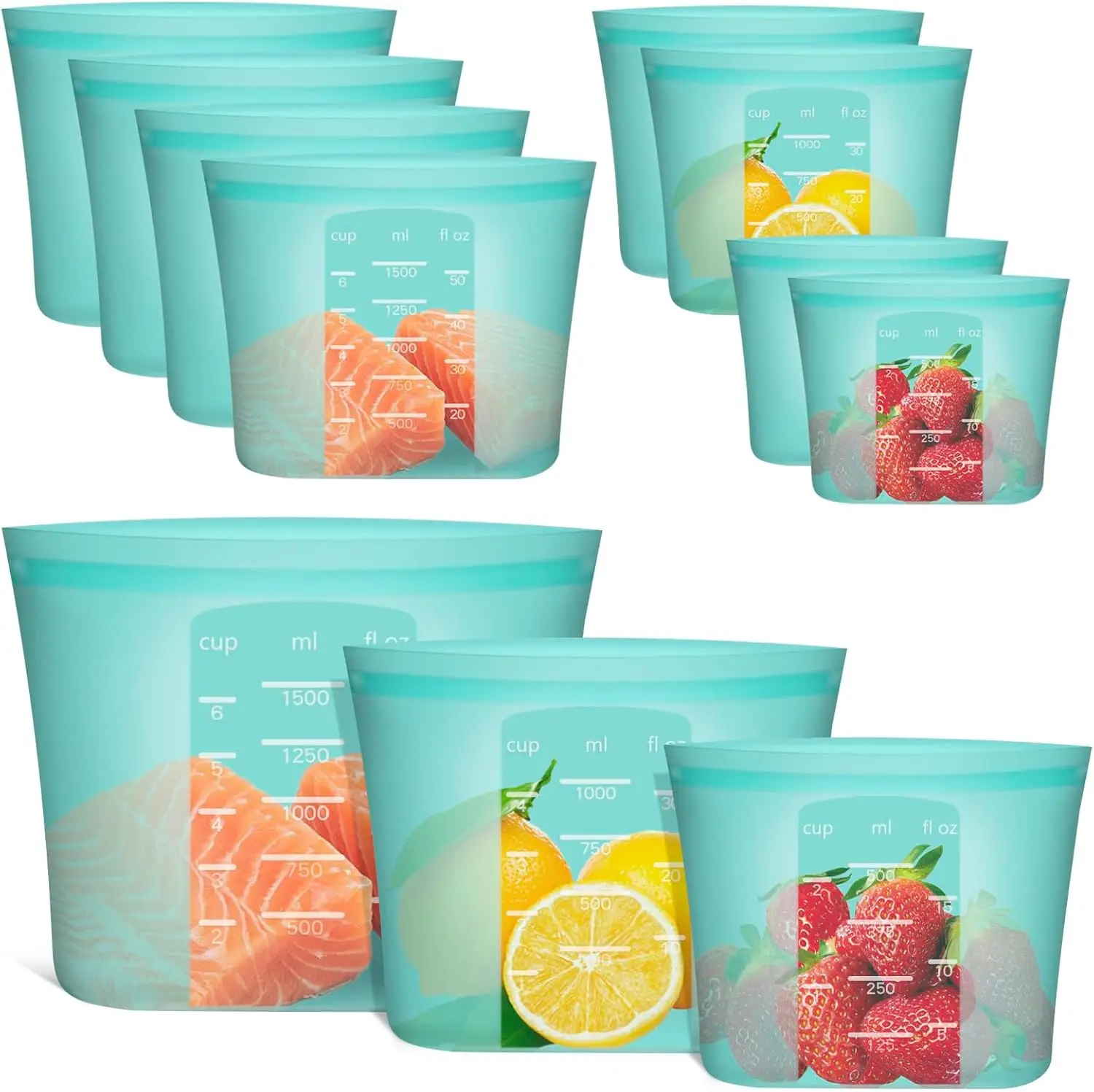 

Reusable Silicone Food Bags, 8 Pack Stand Up Zip Lock Container, Freezer Microwave Dishwasher Safe