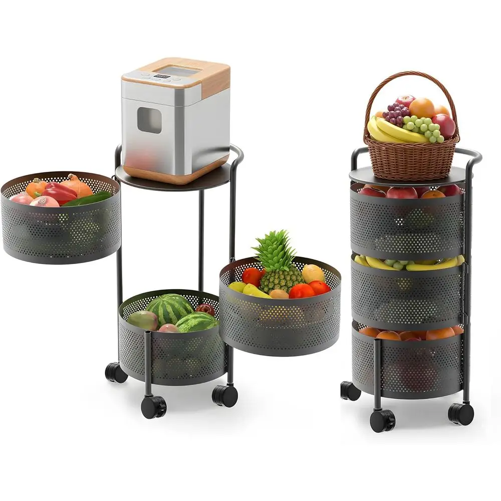 

3-Tier No Assembly Vegetable Storage Rack, Under Counter Rotating ruit Basket with Wheels, Carbon Steel Kitchen Organizer or Pot