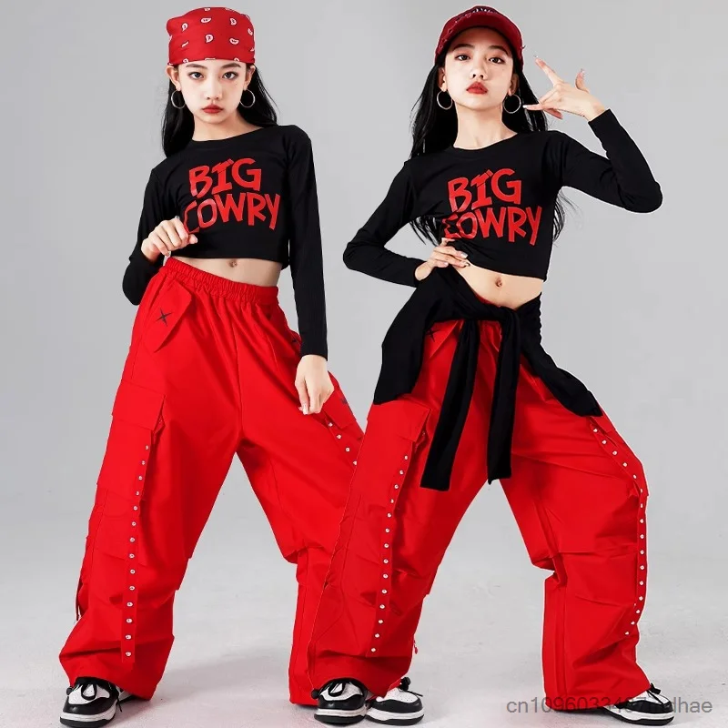 

Mädchen Hip Hop Crop Top Red Cargo Pants Cosplay Costumes Enfant Streetwear Jazz Street Dance Group Performance Clothes Sets