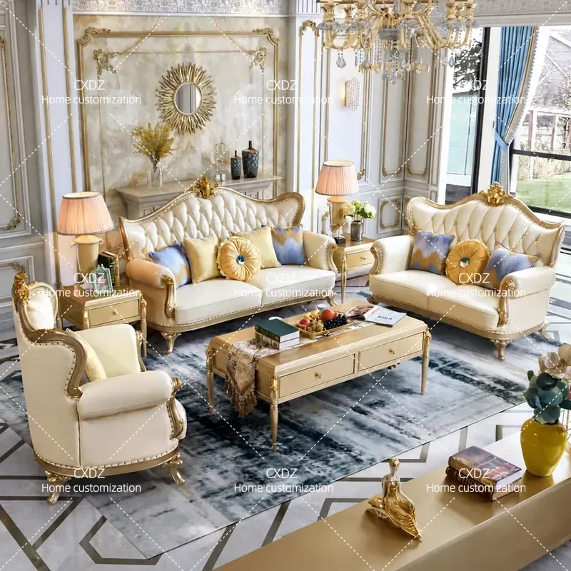 European solid wood sofa villa living room leather American simple high-end luxury gold antique furniture combination Europe