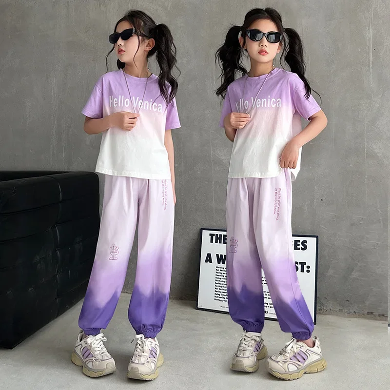 Girls Summer Loose T-shirt Harem Pants Sports Two-piece Set Gradient T-shirt Trousers Korean Style Suit 2-piece Set Loungewear