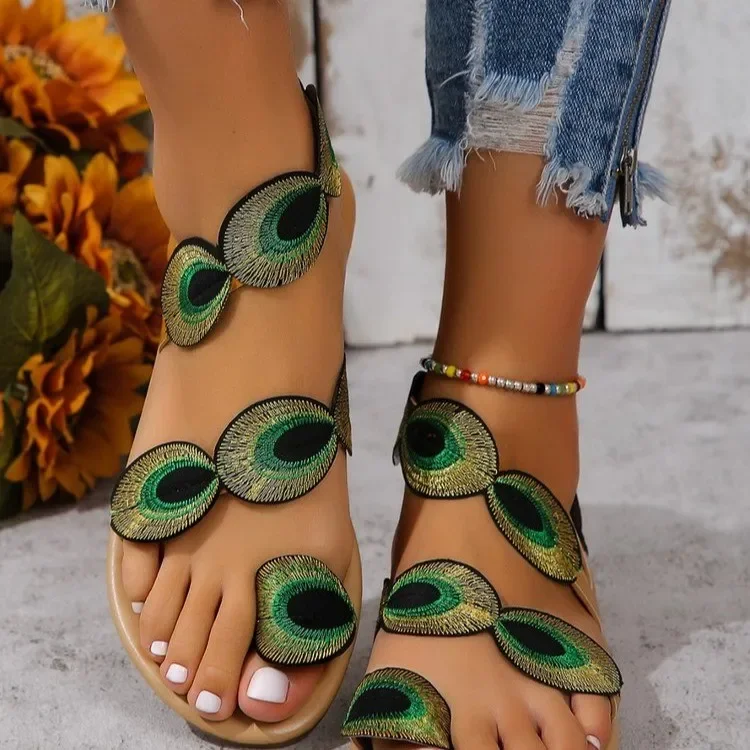 Yellow Embroidered Faux Flower Fashion Sandals Flat Plus Size 43 Summer Outdoor Beach Shoes Travel Mom Shoes image 4