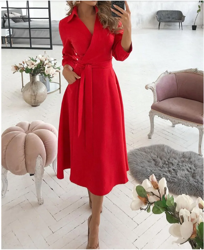 2024 Women\'s Spring/Summer Leisure Solid Color Fashion Long sleeved V-neck Printed Wrapped Hip Dress