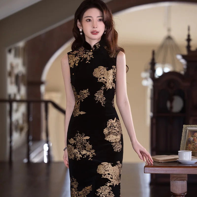 بلا أكمام زهرة سوداء القطيفة اليوسفي طوق شيونغسام عالية سبليت فيستدوس الشرقية العروس فساتين زفاف الصيف حزب ثوب #4