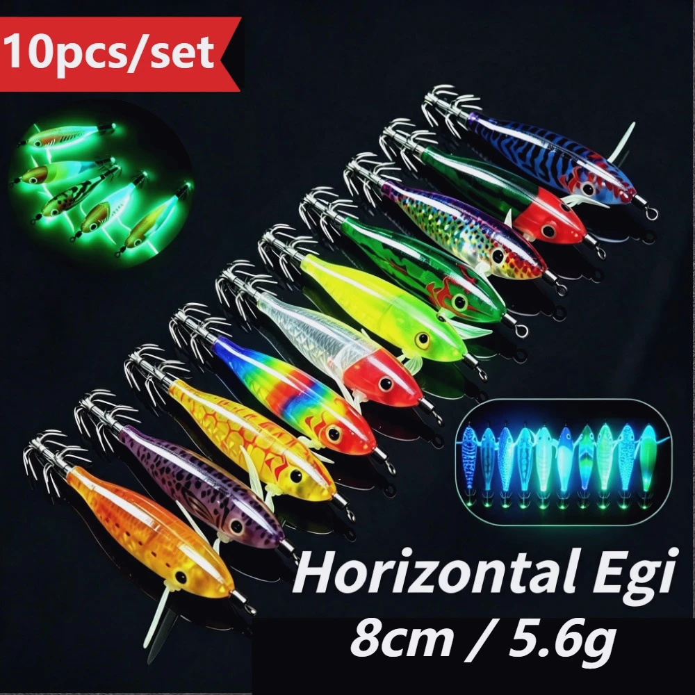10pcs/set 8cm/5.6g Luminous Squid Jig Hook Shrimp Fishing Lures  Sea Fishing Accessories Artificial Bait Octopus Lure