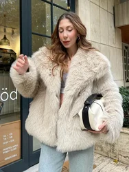 Fashion Lapel Faux Fur Jacket For Women 2024 New Fluffy Long Sleeve Furry Coat Female Luxury Elegant Lady High Street Outerwear