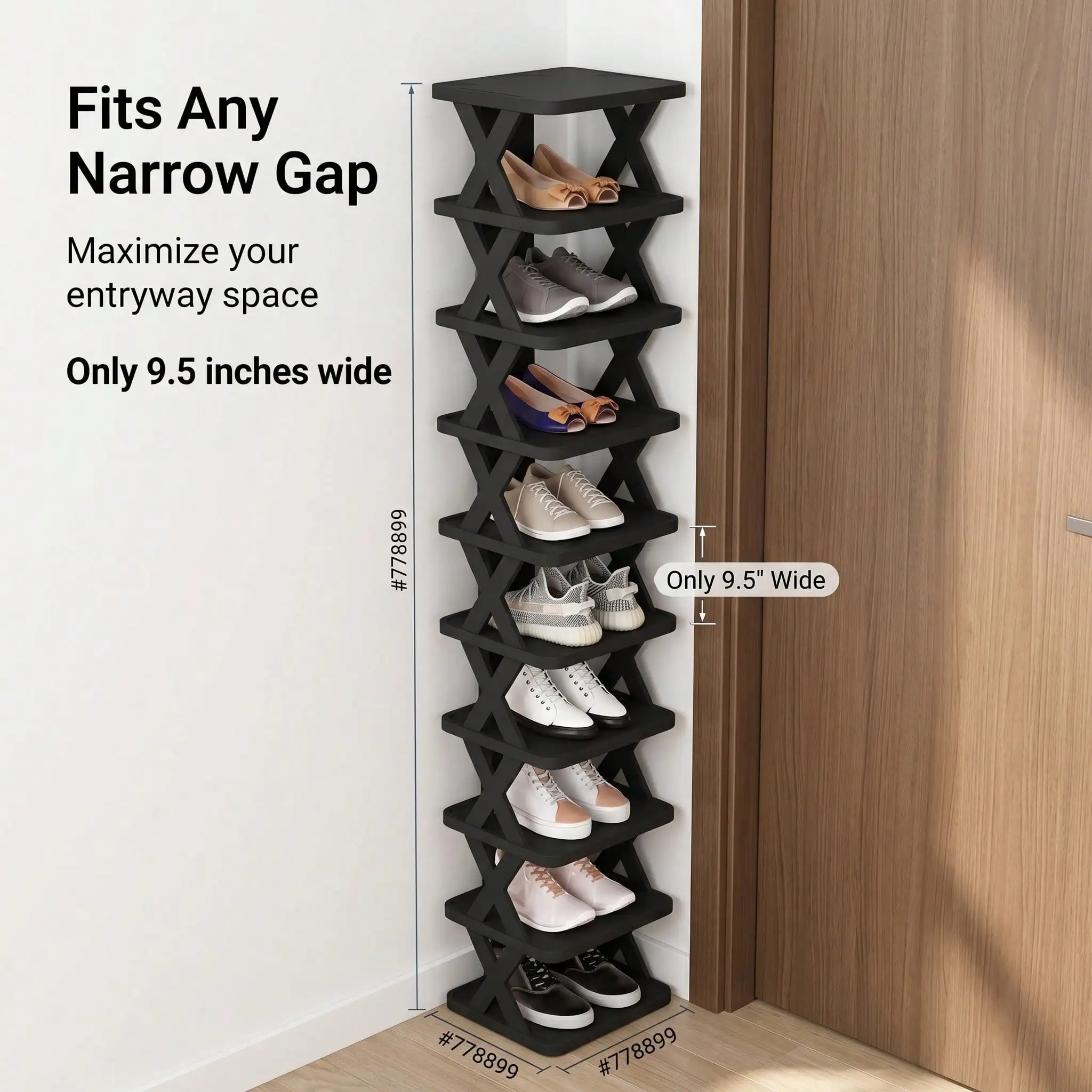 9Tier Vertical Shoe Stand Space Saving Narrow Shoe Rack, Small Shoe Shelf, DIY Free Standing Shoe Storage Cabinet For Entryway, Closet, Hallway, Easy Assembly And Stable In Structure, Black &White Shoe Rack, Plastic Material, Consumables