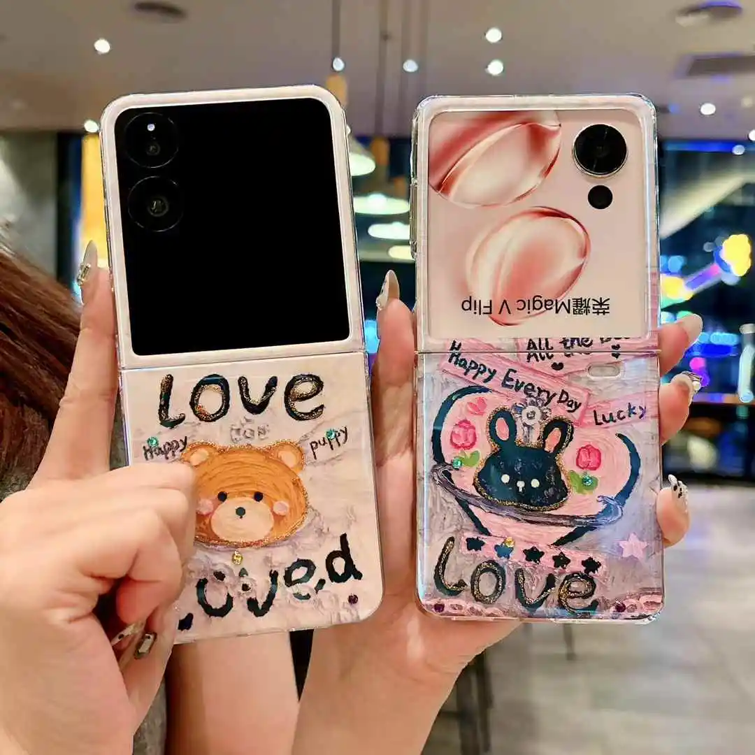 Cartoon  Love Rabbit Bear Couple animal pattern Phone Case For Samsung Galaxy Z Flip 7 6 5 4 3 Z Flip6 Flip5 Shockproof Cover