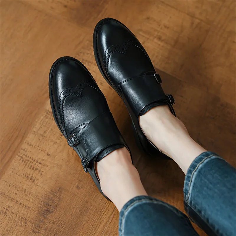 New Spring Autumn Genuine Leather Women Pumps Shoes for Women Round Toe Brogue Designs Loafers Low Heels Concise Ladies Shoes