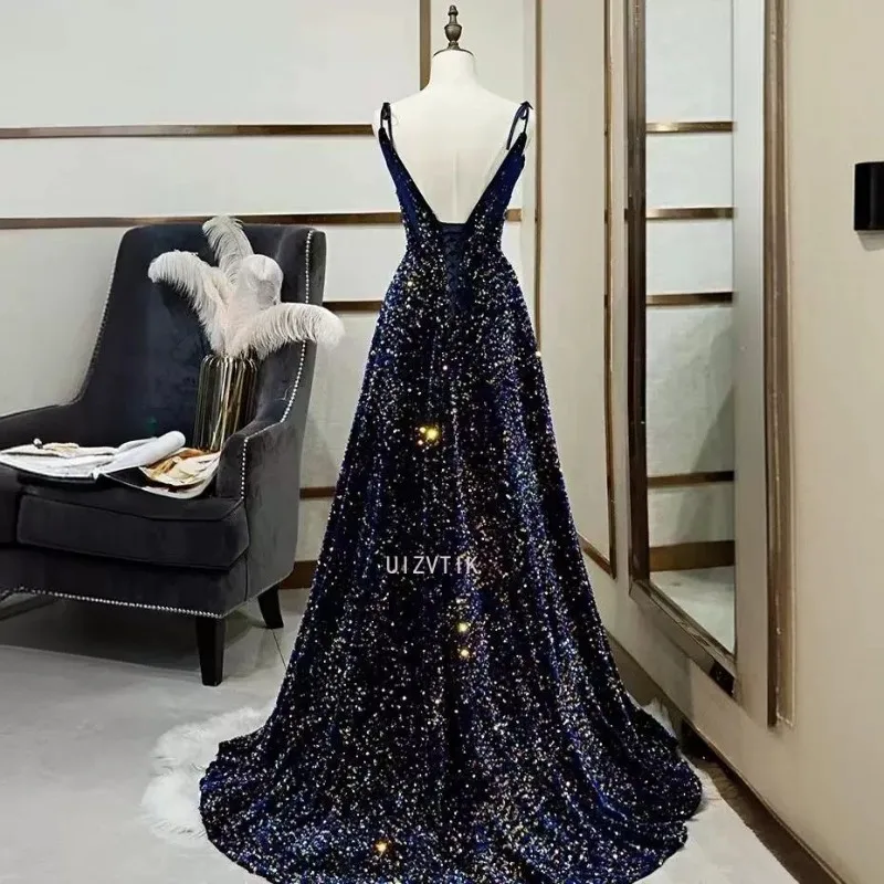 Vestidos de noite personalizados femininos, lantejoulas pretas, alça sgaphetti, renda até o chão, plus size, vestido formal de festa feminino