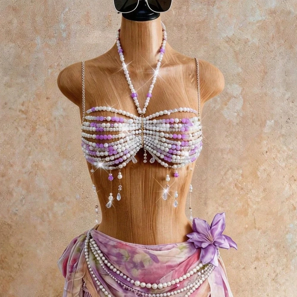 Mixed Colors Pink Green Purple Beaded Bra Chain Pearl Body Jewelry for Women Belly Dance Top Summer Festival Rave Party Outfit
