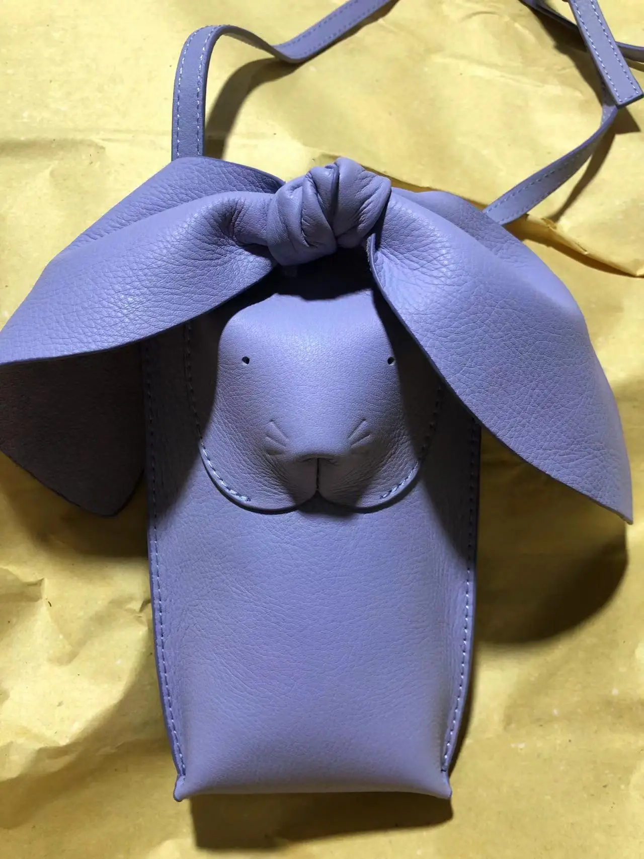 Bunny Phone Bag Big Ears with Bow Genuine Leather Crafted Rabbit Animal Shaped Purse Cowhide Pouch Luxury Gift- Light Purple