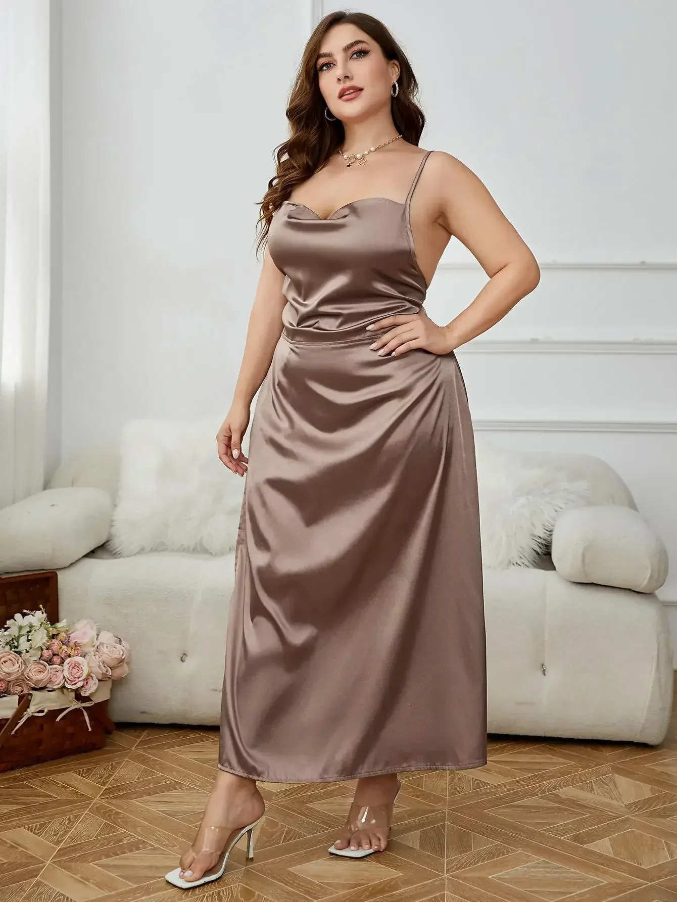 

Plus Size Women's Sexy Silk Satin Nightgown Robe Pajama Dresses Lingerie Cowl Neck Cami Sleepwear Like Leisure Home Suit Clothes