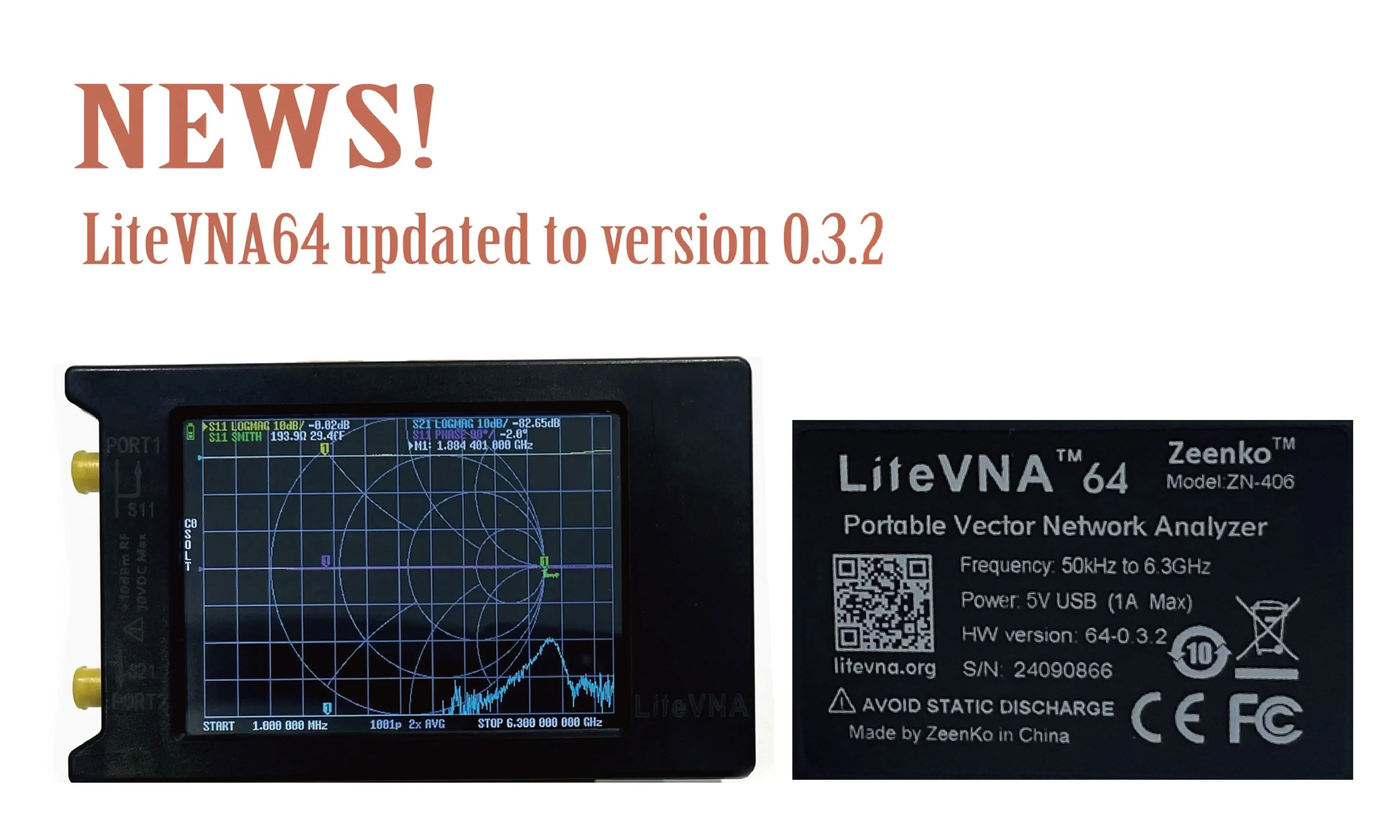 Latest Version 0.3.2 LiteVNA-64 50KHz ~ 6.3GHz LiteVNA 3.95\