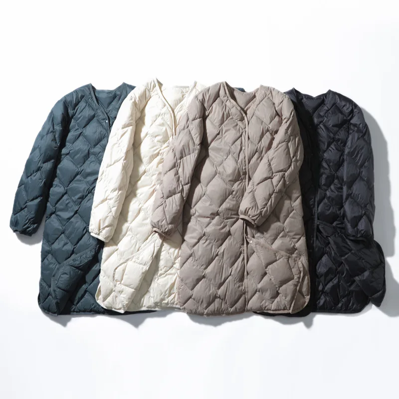 

Women Ultralight White Duck Down Long Jacket Argyle V-neck Collar Casual Autumn Winter Outerwear Coat 2025 New European Fashion