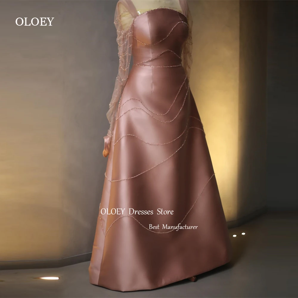 

OLOEY Sparkly Blush Pink Beads Dubai Arabic Women Evening Dresses Sheer Long Sleeves Floor Length Prom Gowns vestido de fiesta