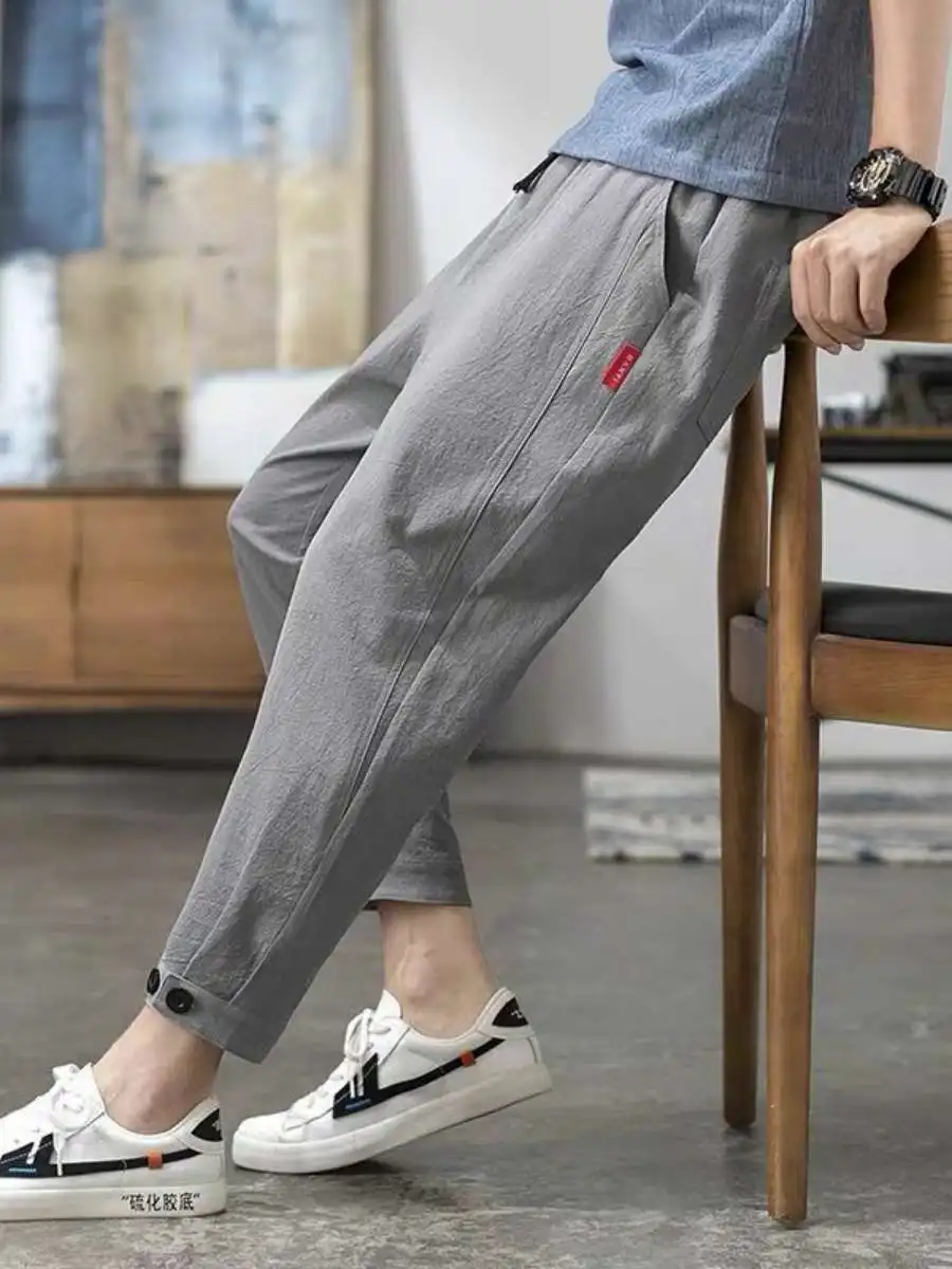 

Trendy Cotton Linen Nine-Piece Pants Men's Loose Harem Cuffed Pants Spring Summer Casual Trousers Daily Wear Thin Material