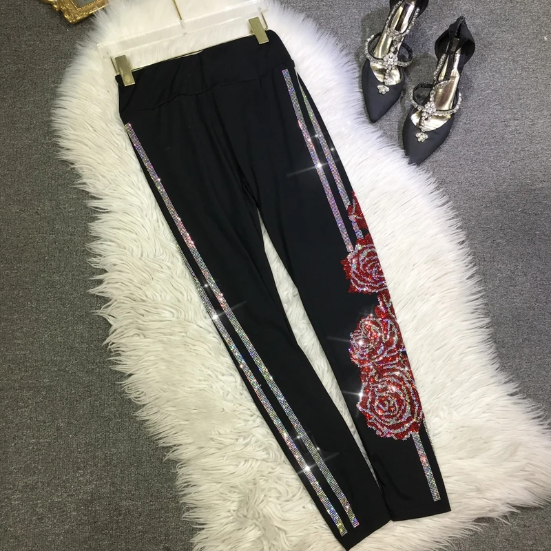 High Quality Rose Flower Hot Drilling Women Leggings All-match High Waist Shiny Tight Bottom Pants Ankle-length Summer Legging