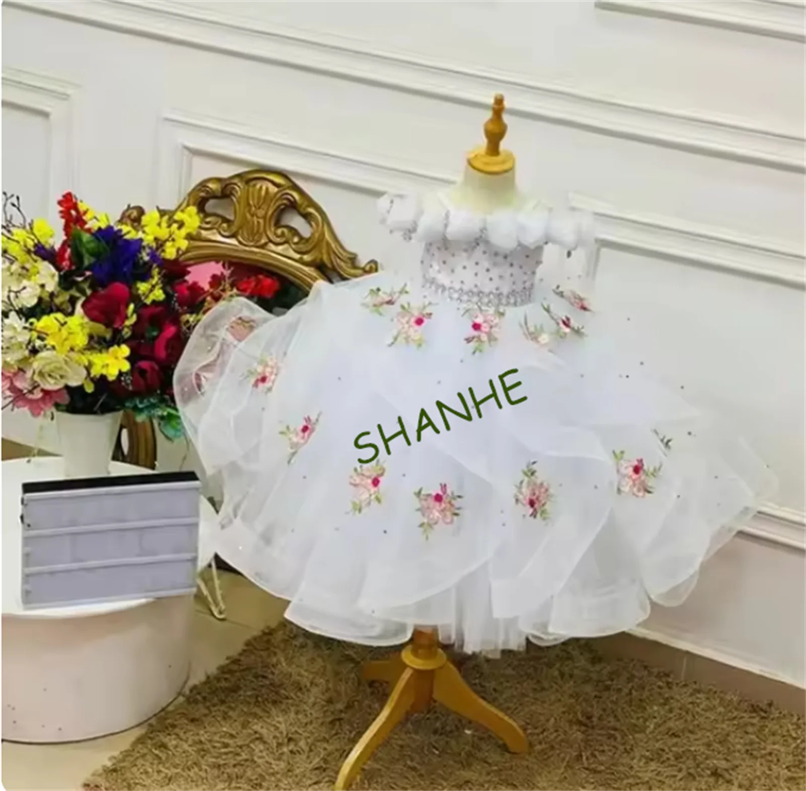 CustomizedLovely Baby Girl Birthday Party Dress Children Show Performance Costume Kids Long Tulle Gowns Boutique Handmade Clothe