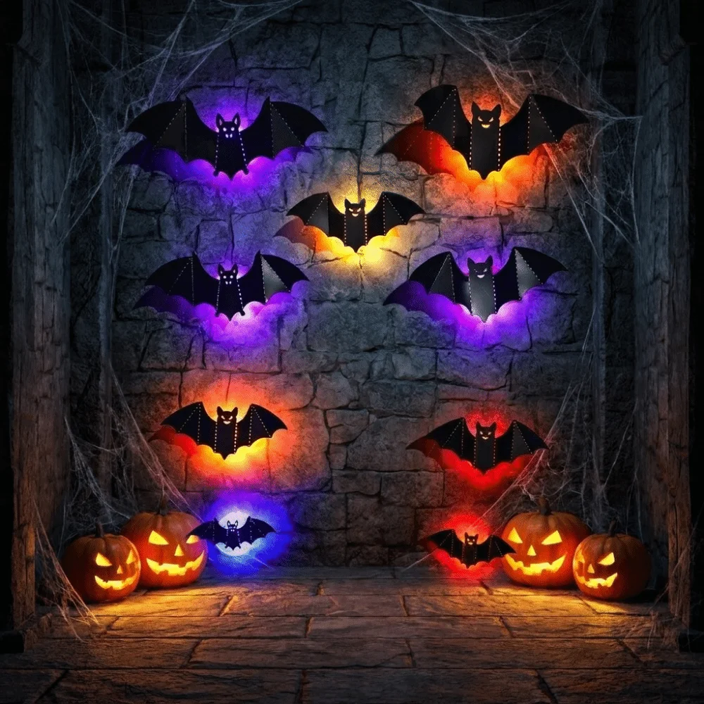 8Pcs 3D Luminous Bats Bat Wall Sticker PET Material Stereoscopic LED Bat Light Self-Adhesive Halloween Wall Decal