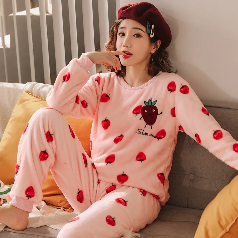 Thickened Warm Autumn and Winter Models Flannel Pajamas Women Padded Cartoon Animals Print School Coral Velvet Set Sleepwear