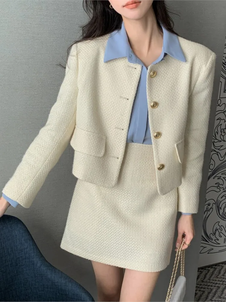 Autumn Winter Elegant Fashion Small Fragrance Tweed Two Piece Set for Women O-neck Jacket Coat+A-line Skirt Suits Korean Outfits