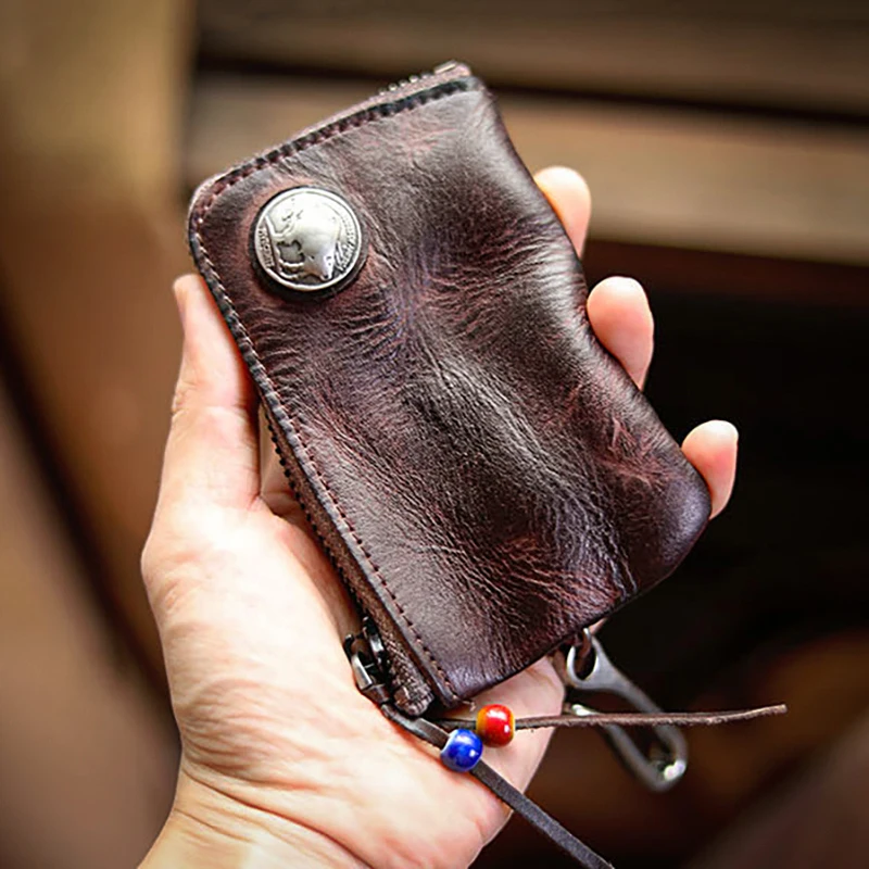 LUOKIR Deluxe Genuine Leather Home Car Key Bag Vintage Handmade Cowhide Coin Purse Men and Women Zipper Mini Wallet Card Holder