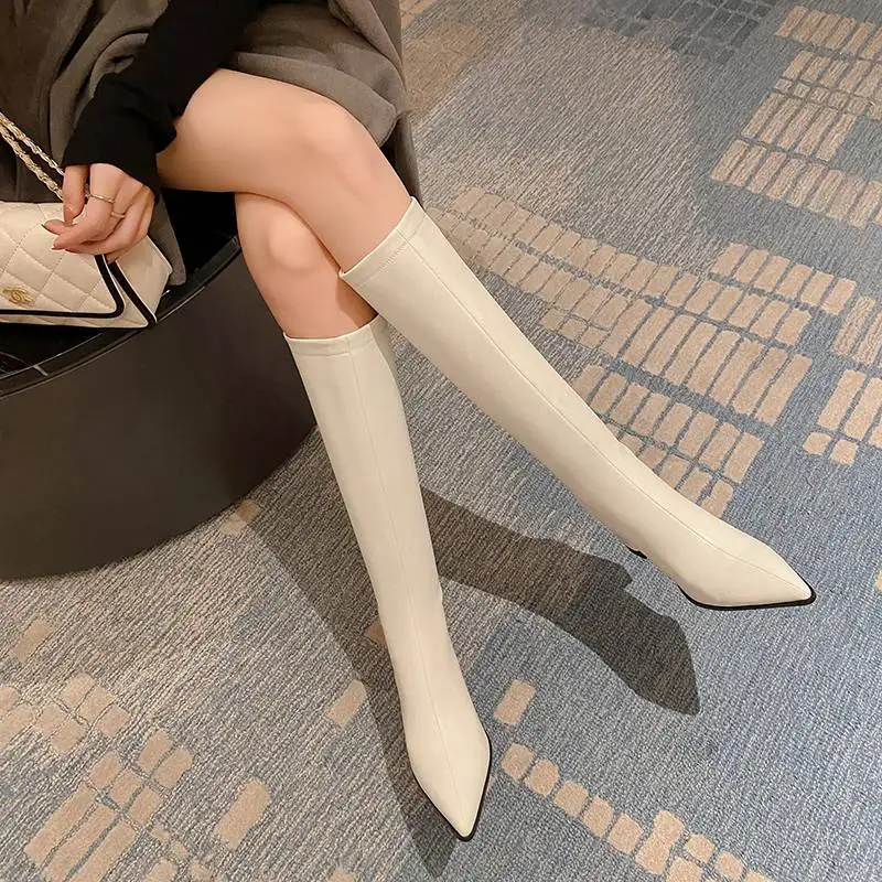 Krazing Pot Cow Leather Pointed Toe Thick High Heels Winter Knight Boots Model Runway Show Superstar Zipper Thigh High Boots