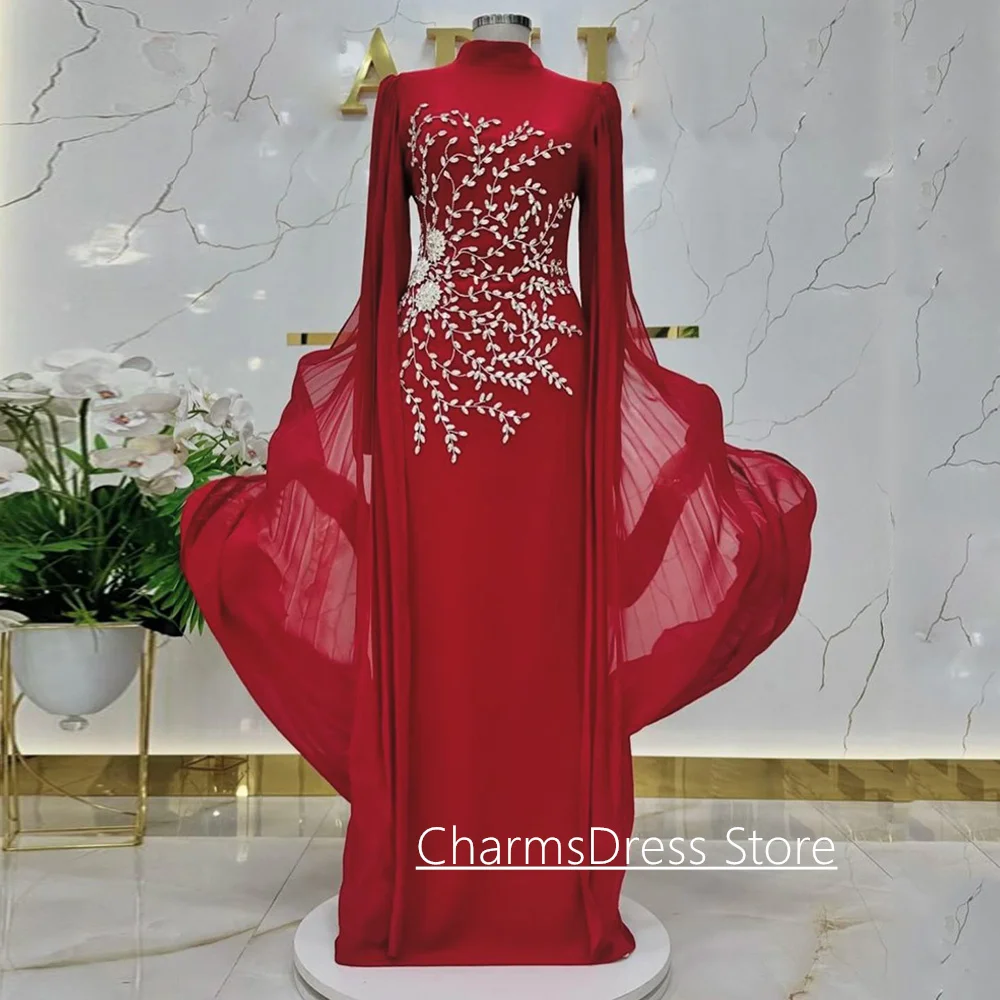 Klasyczna suknia wieczorowa z peleryną, szyta na miarę, długie rękawy, okrągły dekolt, srebrne kryształy, długość do podłogi, skromna arabska suknia na bal maturalny.